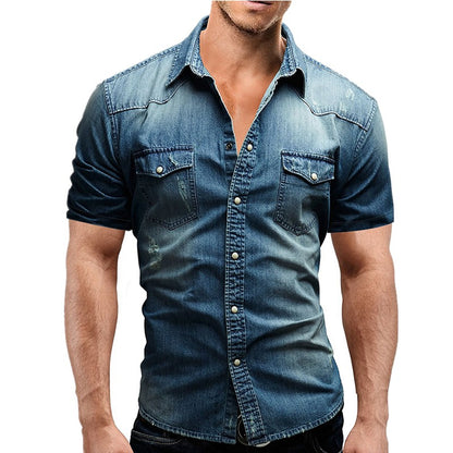 Men Summer Denim Thin Shirt Short Sleeve Soft Cotton Two Pockets Slim Slight Elastic Jeans Cowboy Shirt Clothing 2025