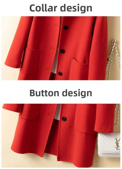 High-End Korean Style Double-Faced Cashmere Woolen Coat for Women Mid-Length Thickened Polyester Fiber Winter Outerwear