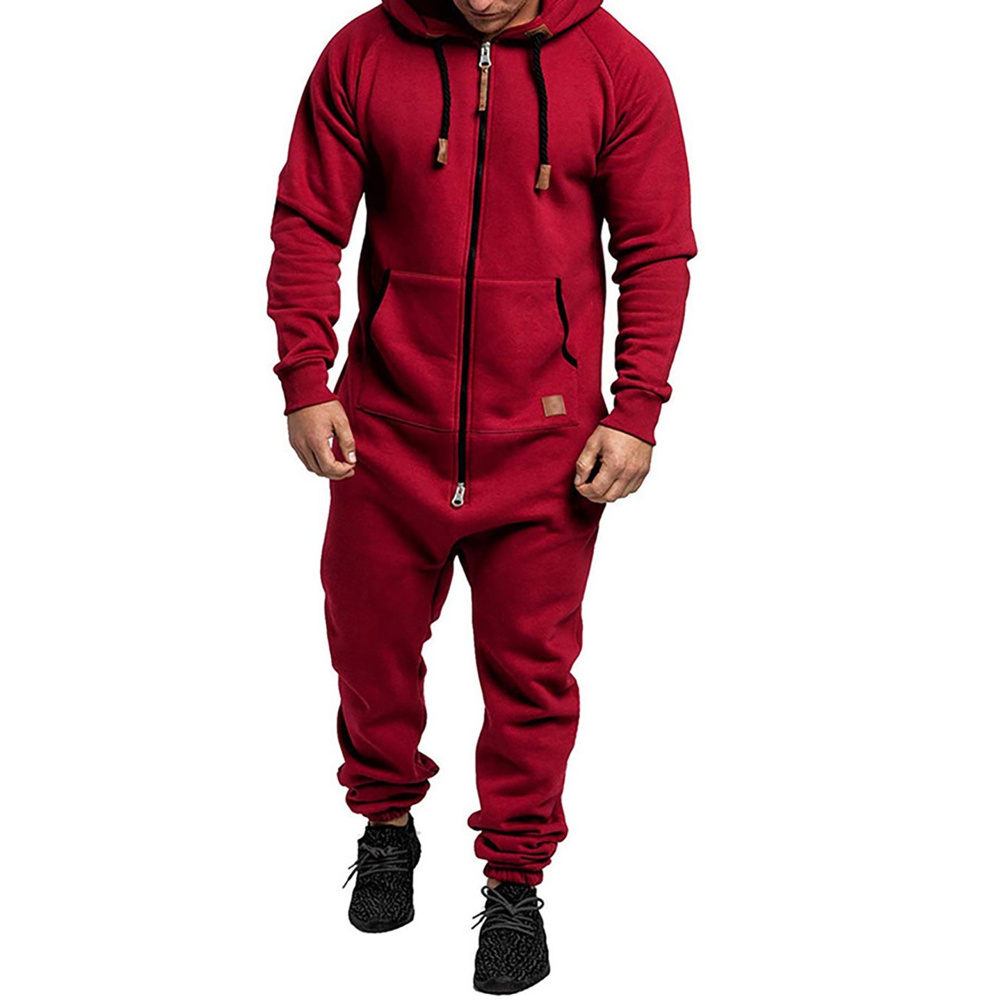 Men's Hooded Fleece Lining Jumpsuit Autumn Winter Warm Long Sleeve Full Zipper Overalls with Kangaroo Pockets Night Clothes