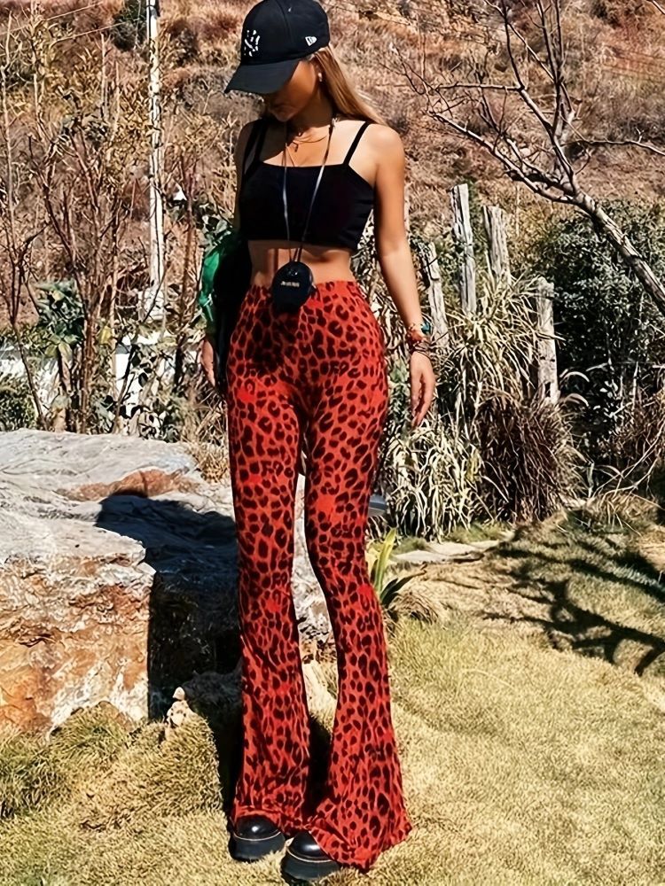 New High Waist Leopard Print Flare Pants Women's Stretchy Casual Streetwear Tummy Control Bootcut Trousers Elastic Waistband