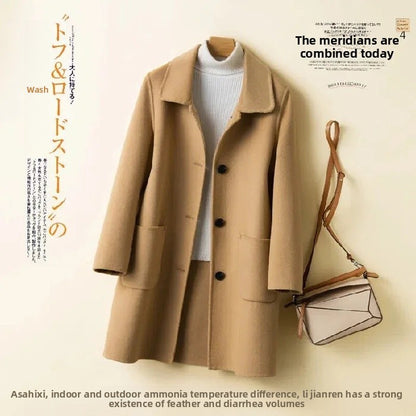 High-End Korean Style Double-Faced Cashmere Woolen Coat for Women Mid-Length Thickened Polyester Fiber Winter Outerwear