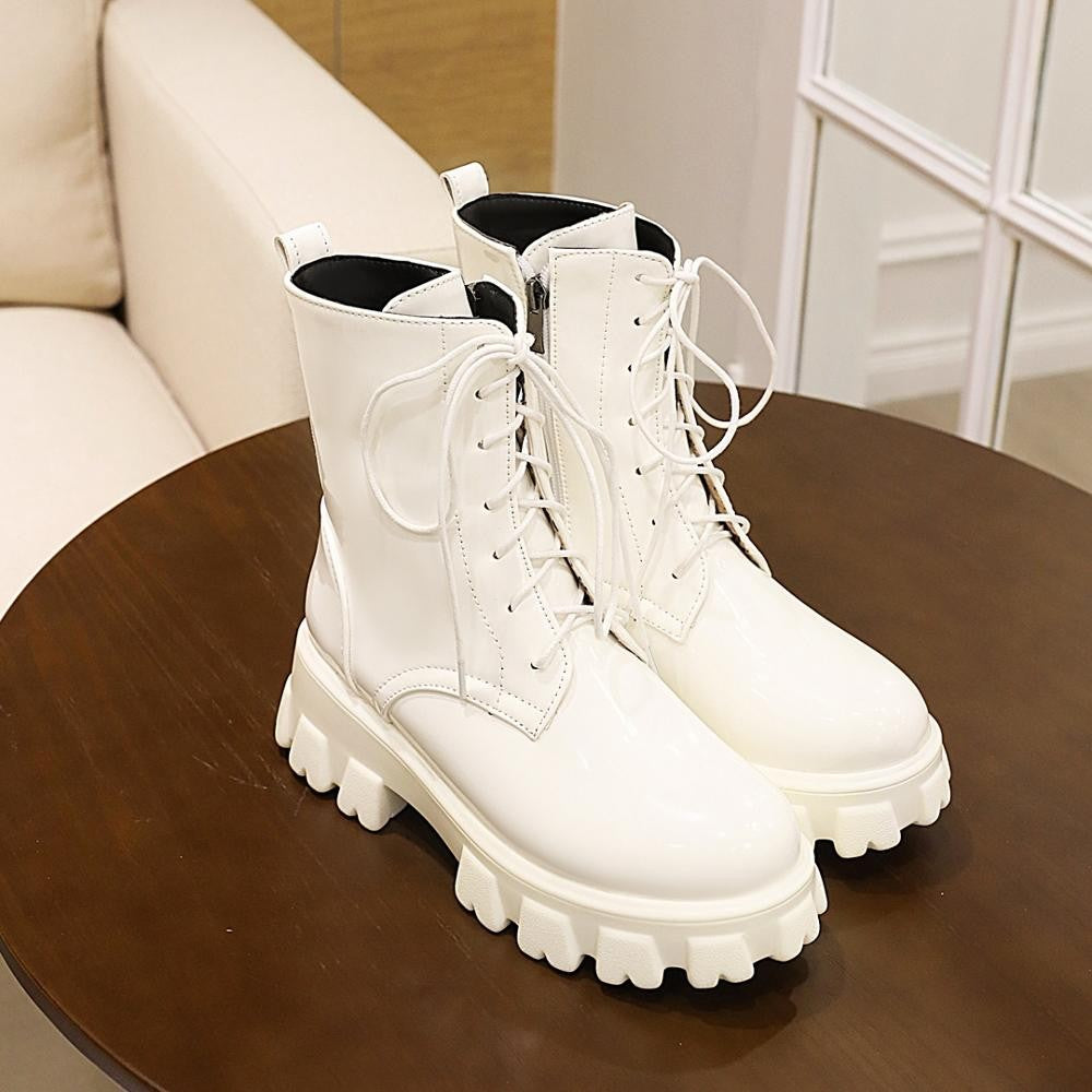 Women Boots Patent Leather Platform Shoes Brand Ankle Fashion High Heel Boots Women Autumn Winter Warm Platform Boots Black Red