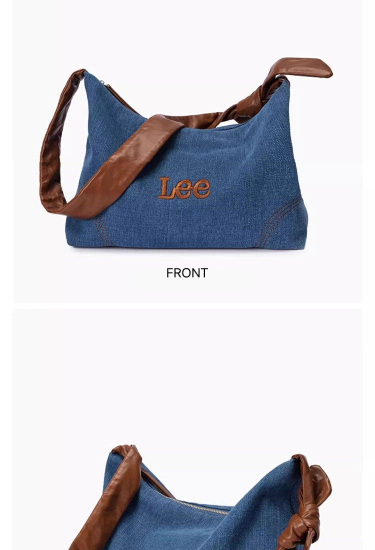 LEE Women Minimalism Hobo Denim Blue One Shoulder Pillow Bag Ladies Jeans Soft Widen Leather Shoulder Straps Crossbody Bags