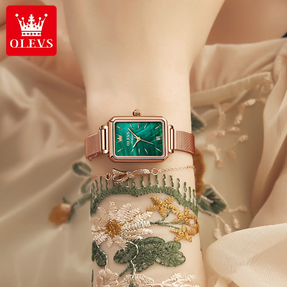 OLEVS 6624 Original Women Watch Luxury Top Green Square Waterproof Clock Fashion Elegant Brand Women Quartz Watch Reloj Mujer