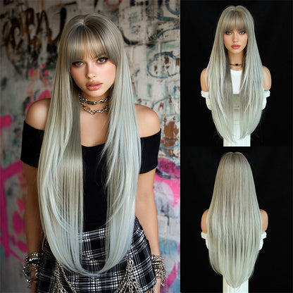 Peruca feminina dourada e branca, moderna com cabelo liso ultralongo, peruca preta completa, com franja e cobertura total da cabeça,