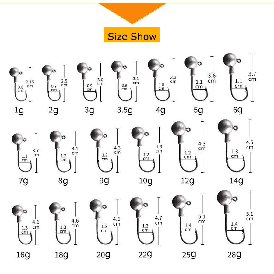 MrLurion 30pçs 1g 2g 3g 5g 10g 14g 18g 22g 25g 28g Anzol tipo jig head, anzol redondo para iscas soft e crank
