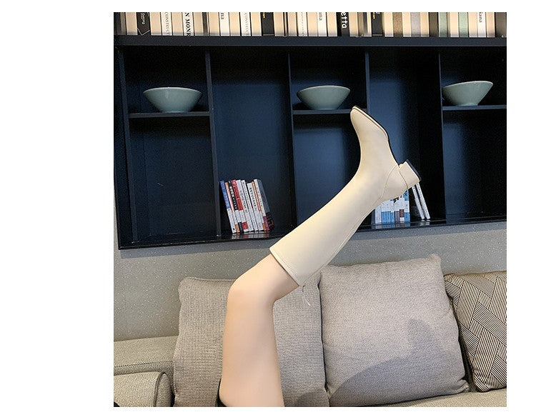 Women Black High Heel Long Boots Fashion Spring Autumn Warm Knee High Boots Soft Leather Thigh High Boots Shoes Zipper