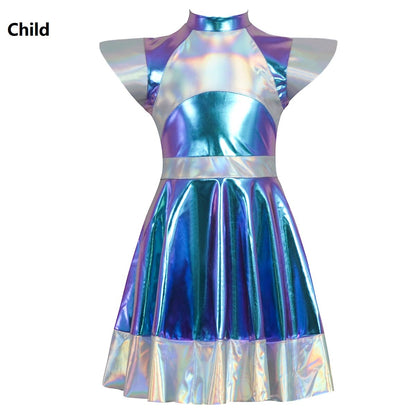 Cyber Alien Laser Reflective Alien Cosplay Dress, Adult and Children's Party Outfit, Including Tentacle Headpiece