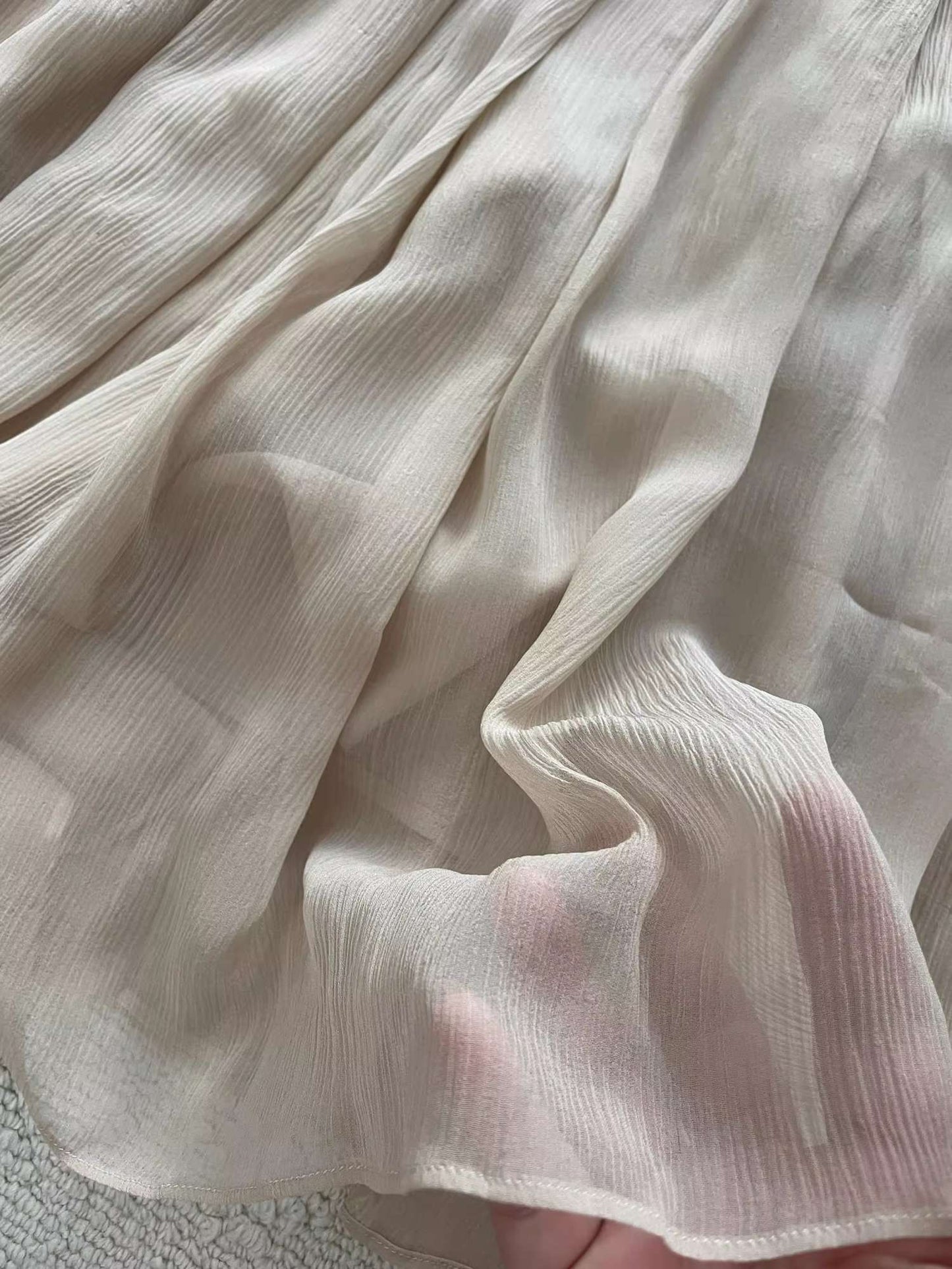 Ladies 100% Silk Elegant Set Pure Color Drawstring Long Sleeve Round Neck Shirt + A-Line Elastic Waist Maxi Skirt Holiday Suits