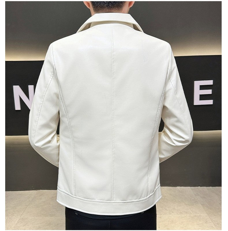 Autumn Men's Green Lapel PU Jacket, Black Faux Leather Motorcycle Coats, Coffee-Brown Casual Top, Asian Sizes Fit Slim Cut.