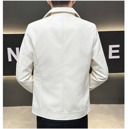 Autumn Men's Green Lapel PU Jacket, Black Faux Leather Motorcycle Coats, Coffee-Brown Casual Top, Asian Sizes Fit Slim Cut.