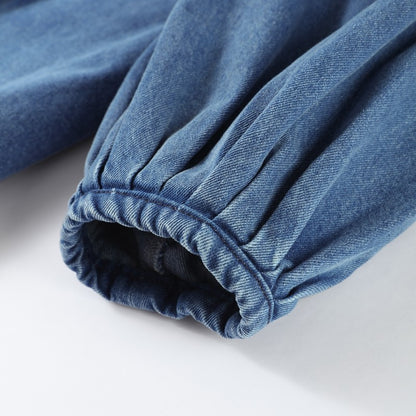 Fashion Denim Women Short Shirt Lapel Half Puff Sleeve Pleated  Turn-down Collar Solid Female Top 2025 Autumn Lady Shirts