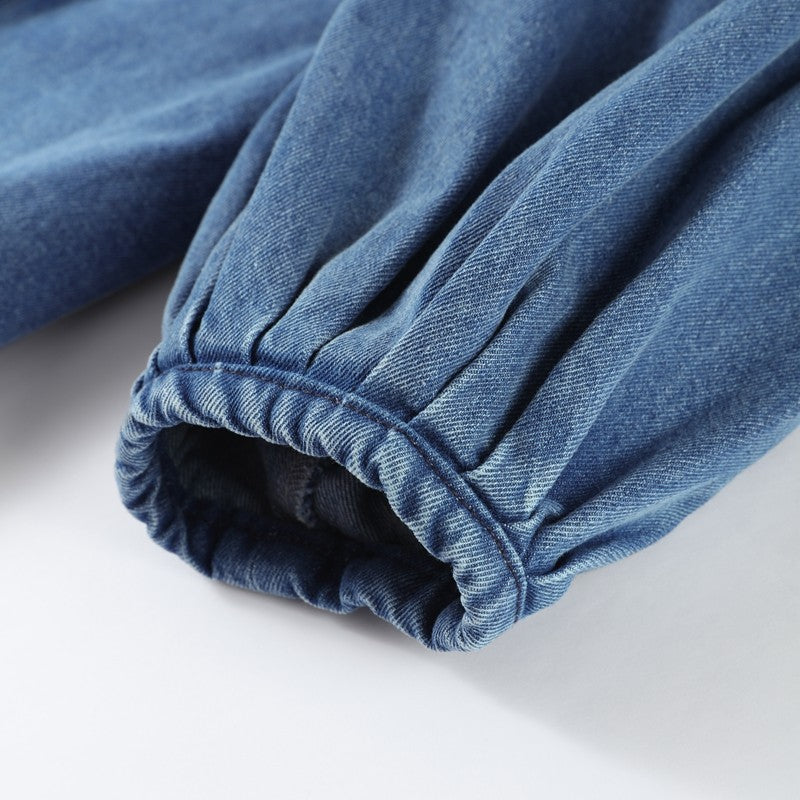 Fashion Denim Women Short Shirt Lapel Half Puff Sleeve Pleated  Turn-down Collar Solid Female Top 2025 Autumn Lady Shirts