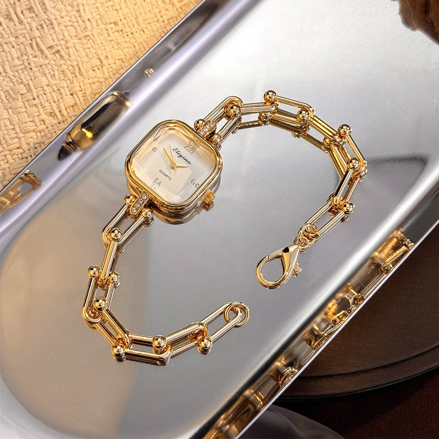 Luxury Minimalist Bracelet Watch Creative Square Multi-Faceted Glass Quartz Movement Chain Mid-century Small  High-End Acces