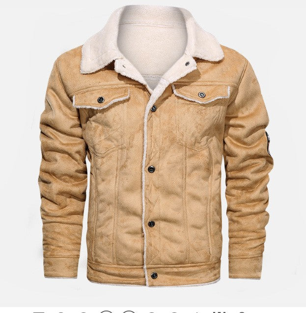 Autumn Winter Coat Men Jacket Vintage Solid Turn-Down Collar Outdoor Training Suede Zip Pocket Lamb Fleece Collar Warm Jacket