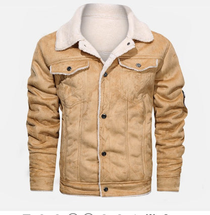 Autumn Winter Coat Men Jacket Vintage Solid Turn-Down Collar Outdoor Training Suede Zip Pocket Lamb Fleece Collar Warm Jacket