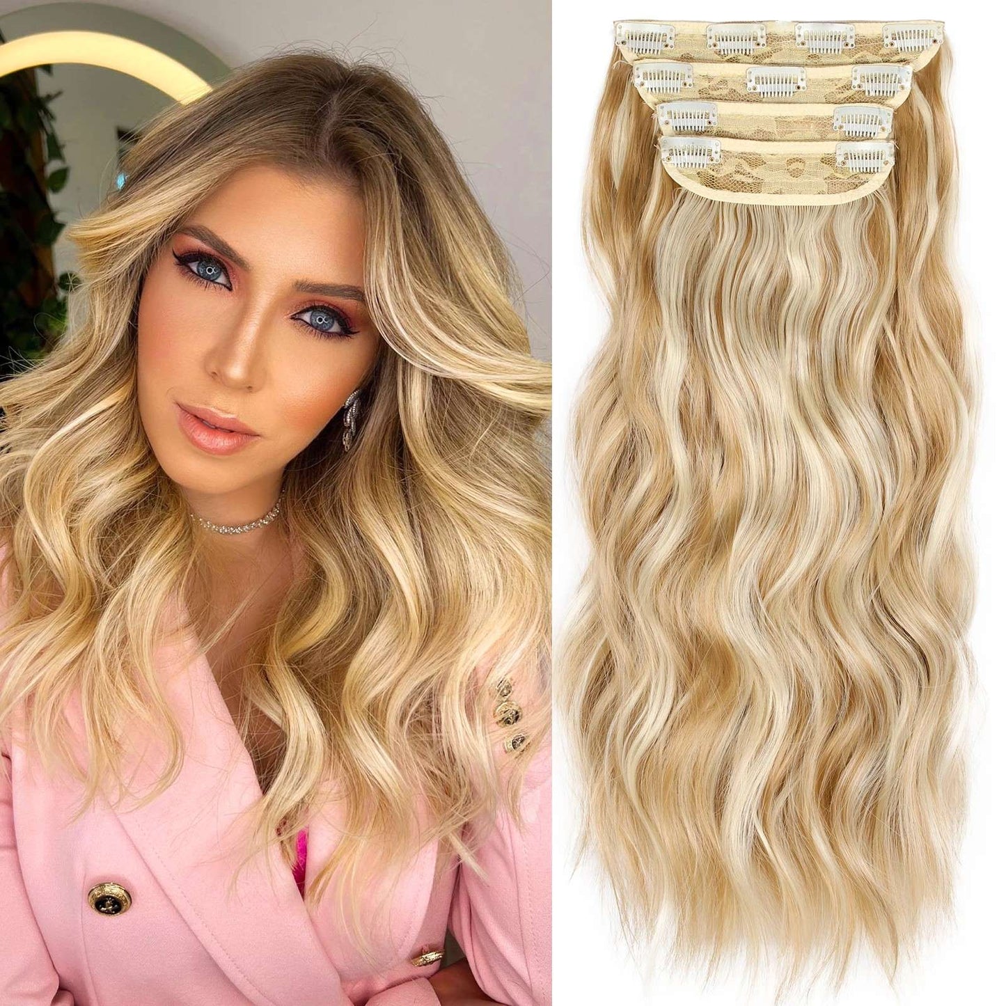 Kit 4 Peças Aplique Tic Tac Cabelo Sintético 20 Polegadas Cacheado Longo Grosso Para Mulheres Cabeça Inteira extensões de cabelo sintéticas