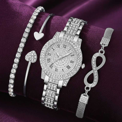 4PCS Luxury Women's Watch Set Trendy Fashion with Rhinestones Roman Numerals Round Dial Quartz watch Bracelet set Perfect Gift
