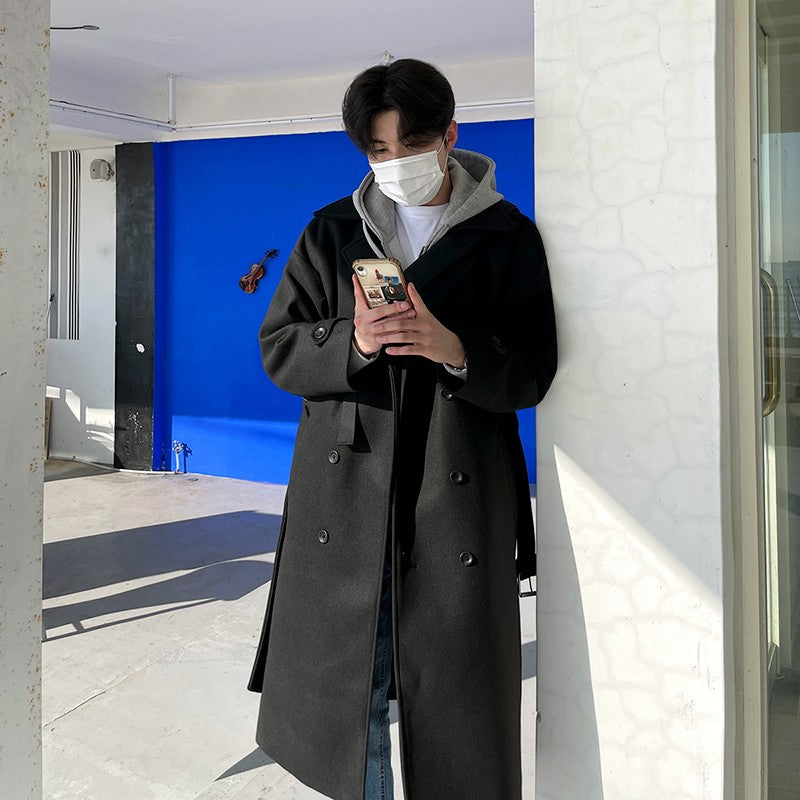 Winter Thick Woolen Coat Men Warm Fashion Solid Colors Oversized Long Wool Blends Coat Men Korean Loose Coat Mens Overcoat Q30