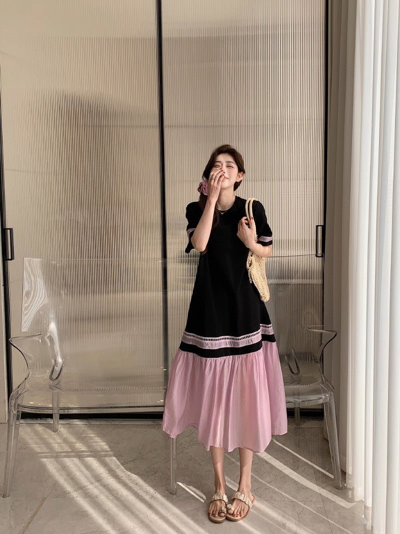 NYFS 2025 Summer Dress Loose plus Size Black Patchwork Pink Hem Long Dresses Robe Elbise Short Sleeve Korean Style Woman Dress