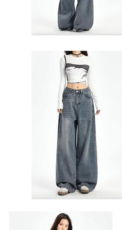 Retro High Waist Wide Leg Jeans Women Summer New plus Size Loose Slimming Pear ape Straight Leg Pants Casual Waed Blue