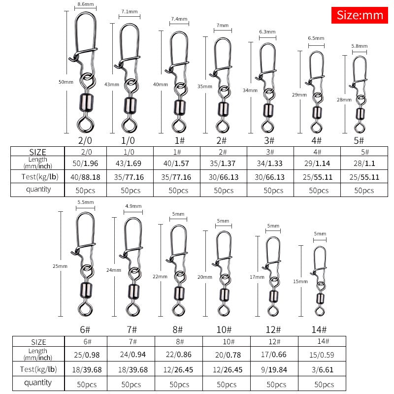 MEREDITH 50 PEÇAS Acessórios para Pesca de Lucio Conector Giratório de Rolamento Pino de Aço Inoxidável Snap Anzóis Isca Giradores Equipamento de Pesca