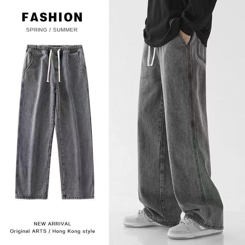 Casual Outdoor Men's Jeans Elastic Waist Loose Fit Long Pants Spring Autumn Workwear Comfortable Straight Leg Blue Denim