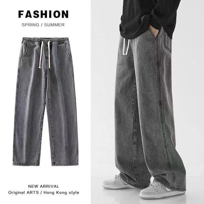 Casual Outdoor Men's Jeans Elastic Waist Loose Fit Long Pants Spring Autumn Workwear Comfortable Straight Leg Blue Denim