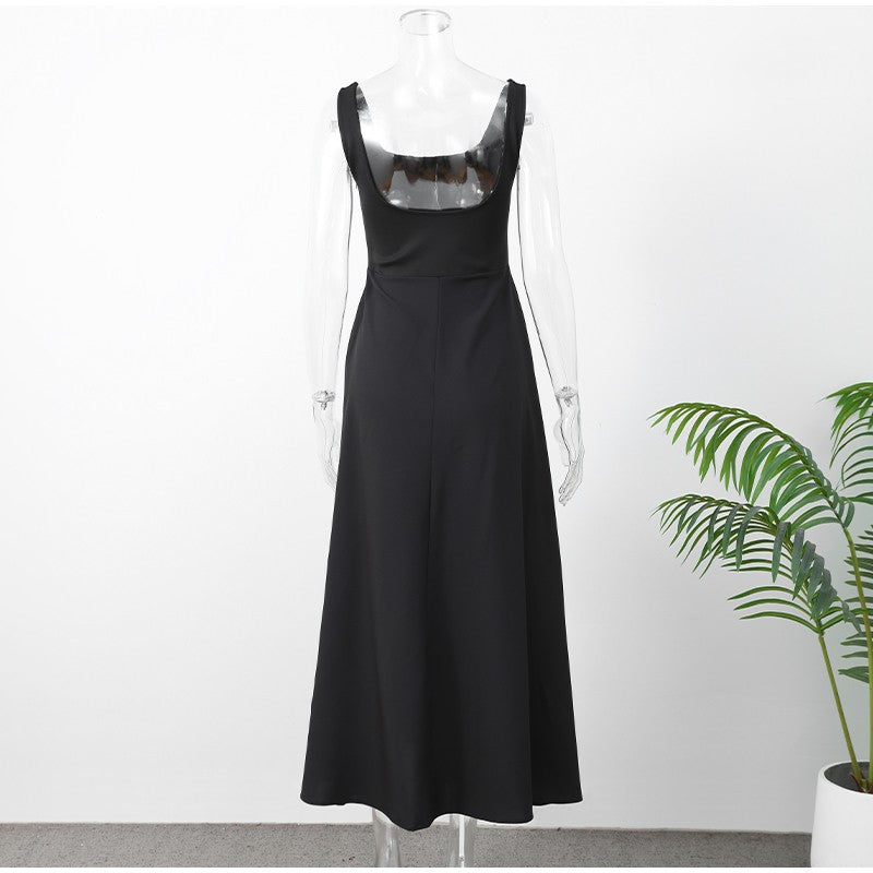 Summer Pleated A-line Midi Dress Women's Casual Lace Up Loose High Waist Solid R
