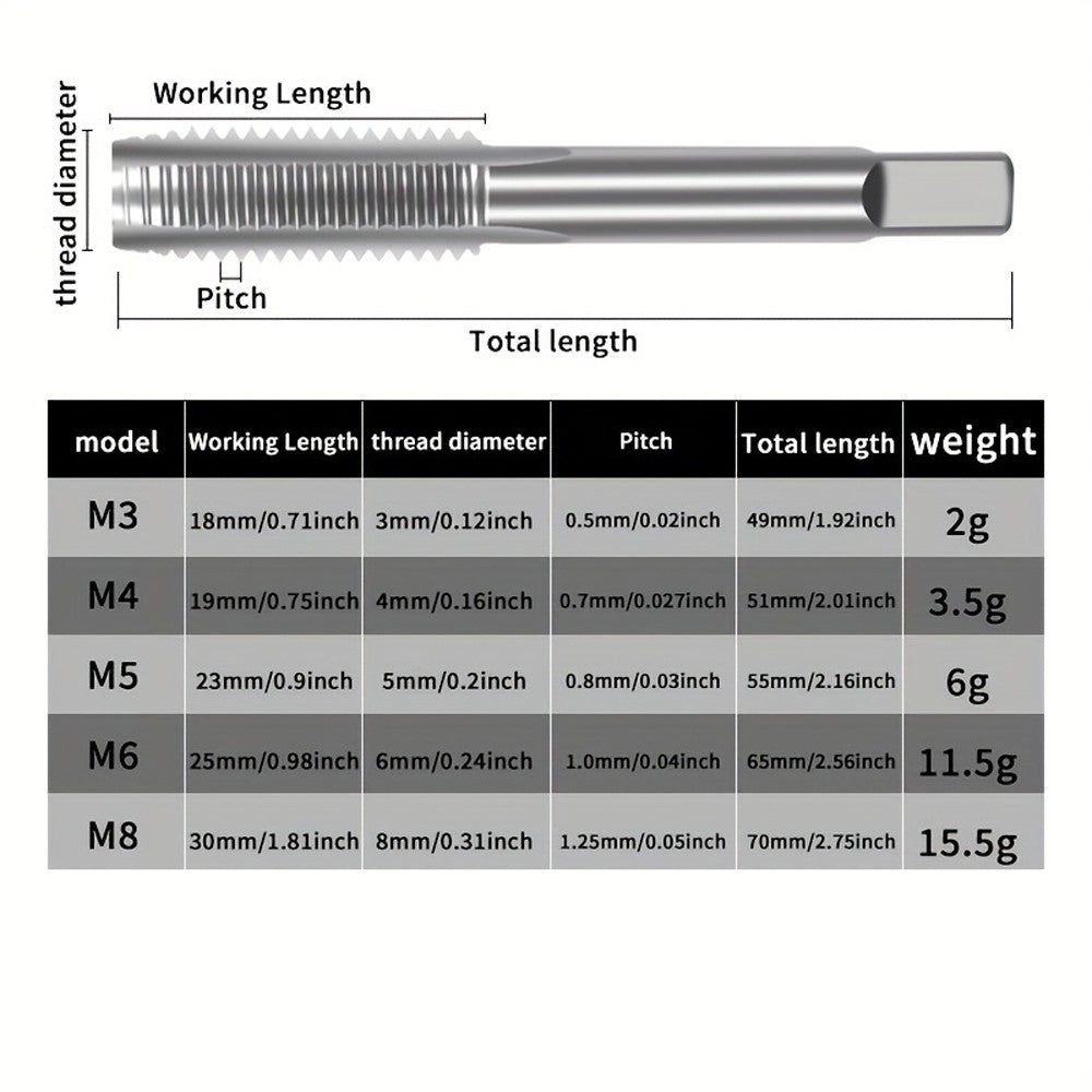 Conjunto de 6 peças de machos de roscar métricos, chave tipo T, ferramentas de roscar M3-M8, para metal, madeira e plástico, conjunto de chaves para machos de roscar manuais