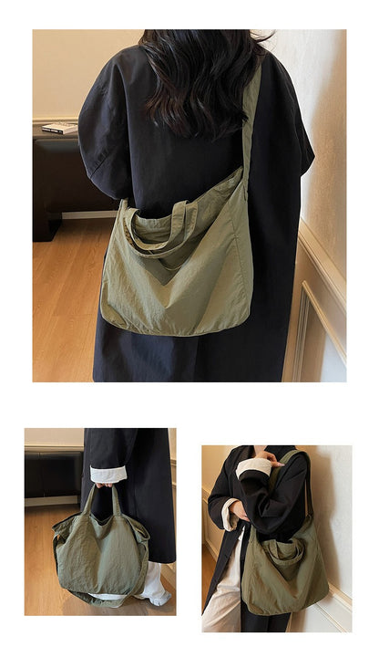 Lazy Style Nylon Crossbody Shoulder Bag Women Casual Large Capacity Bucket Tote Bag Lightweight Japan Style Simple Handbag
