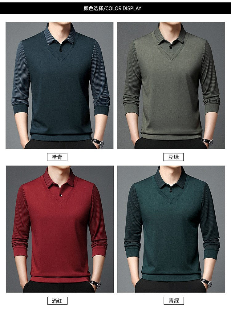 Fashion Fake Two-piece Men Long Sleeve Shirt Stripe Splice Lapel Loose Casual Pullover Tops 2025 Male Formal Business Polo Shirt