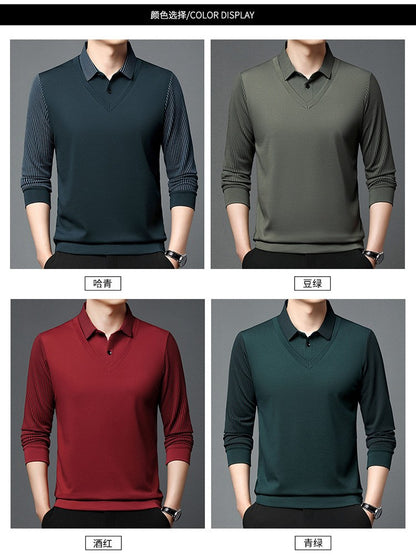 Fashion Fake Two-piece Men Long Sleeve Shirt Stripe Splice Lapel Loose Casual Pullover Tops 2025 Male Formal Business Polo Shirt