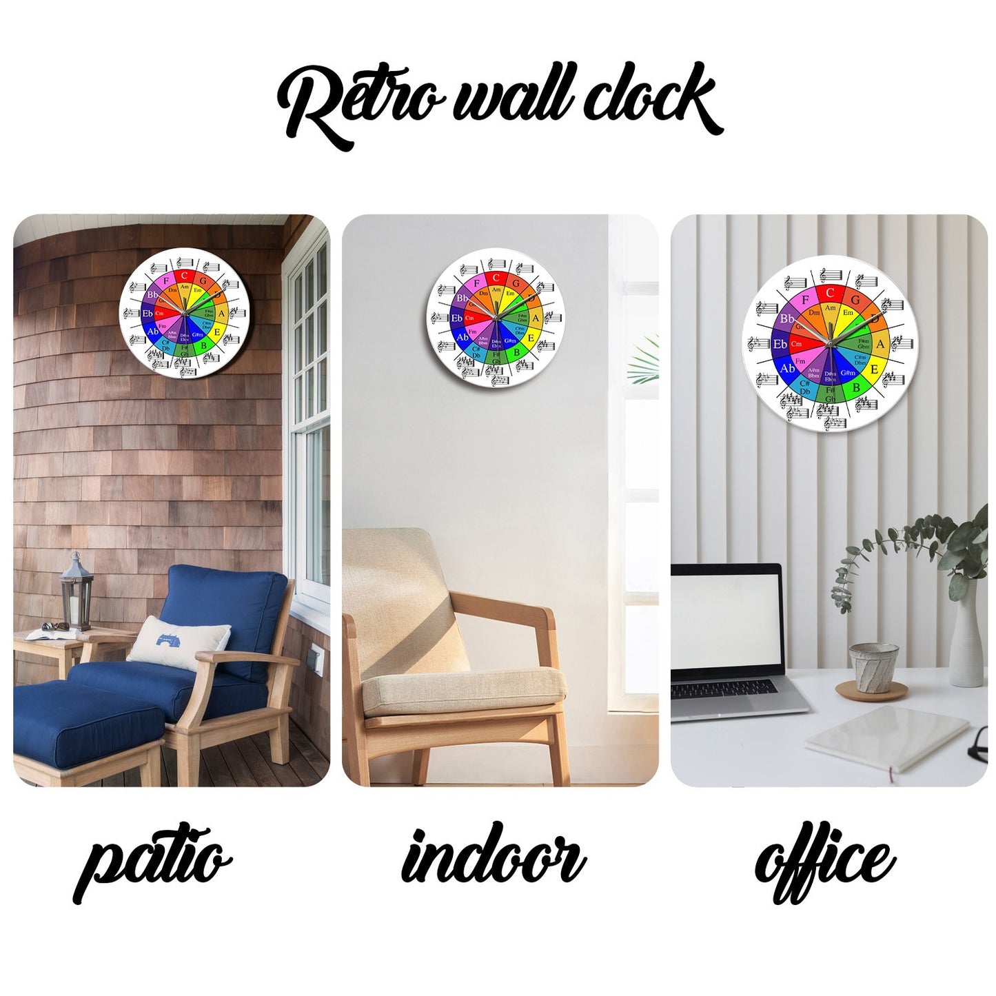 Personalized Music Five-Circle Music Theory Pattern Tempered Glass Wall Clock Living Room Bedroom Kitchen Home Decoration Wall Clock Silent Quartz Clock Holiday Gift 12 Inches 14 Inches 16inch (Without Batteries)