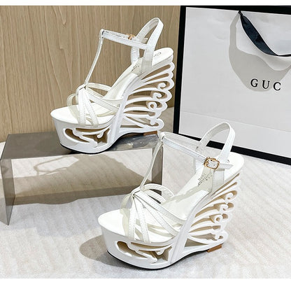 2022 New High Heels Women Pumps Thick Platform Buckle Strap Nightclub Shoes Catwalk Model Show 14.5CM Hollow Out Wedge Sandals