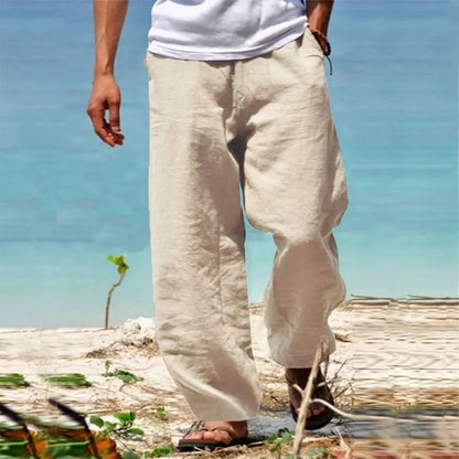 Calças Masculinas de Linho e Algodão Perna Reta Respiráveis Leves Estilo Praia Confortáveis Calças Casuais Primavera Verão