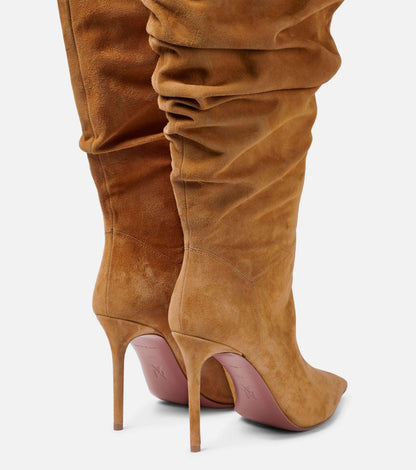 Women's New Pointed Pleated High-heeled Knee High Boots, Autumn and Winter Suede Thigh Boots, Women's Plus Size Stacking Boots