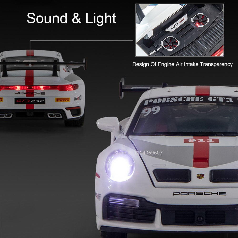 1:32 911 GT3 RSR Miniature Sports Car Model Toys Alloy Diecast Vehicles 4 Doors Opened Pull Back Sound Light Supercar Boys Gifts