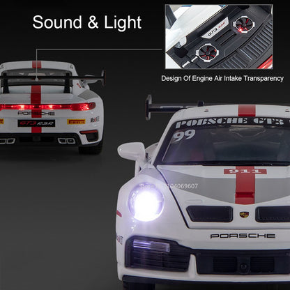 1:32 911 GT3 RSR Miniature Sports Car Model Toys Alloy Diecast Vehicles 4 Doors Opened Pull Back Sound Light Supercar Boys Gifts