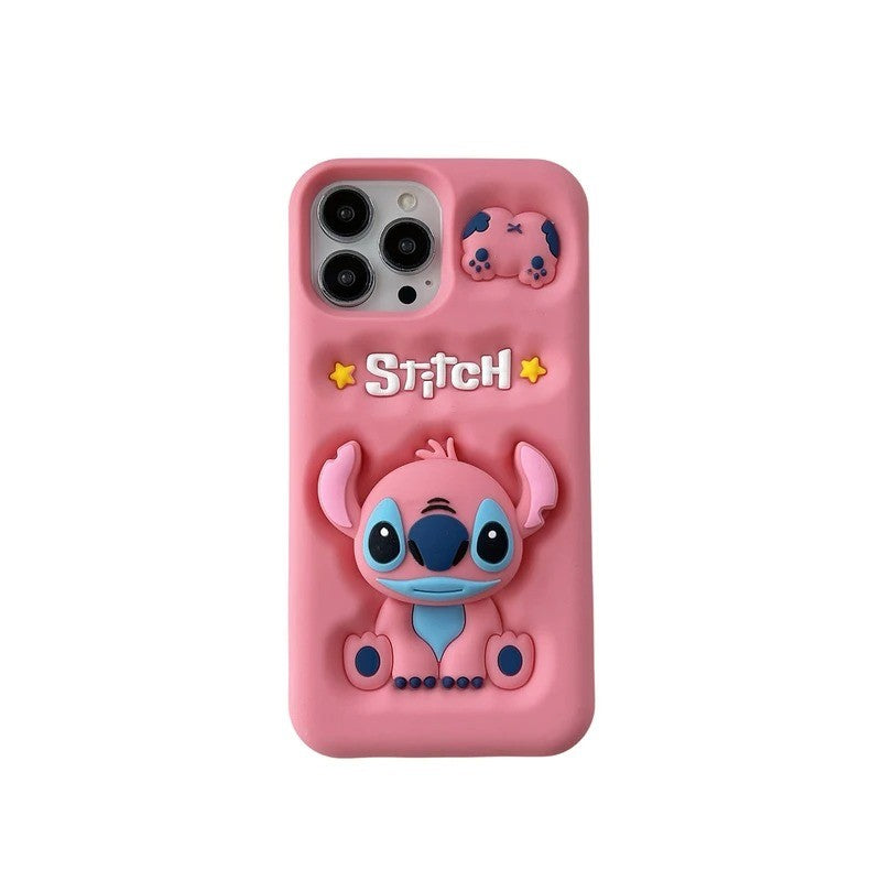Capa de celular 3D fofa de desenho animado Stitch para iPhone 17 16 15 14 13 12 Pro Max 11 com suporte de silicone macio e pega de cabeça fofa
