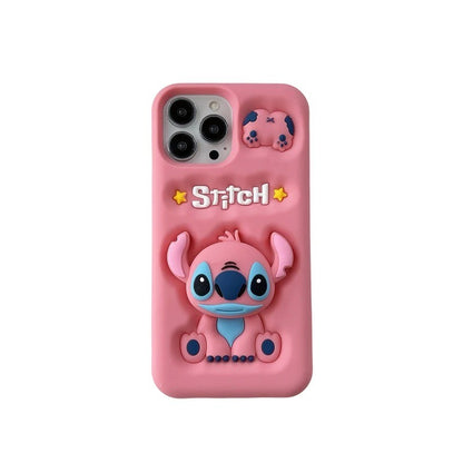 Capa de celular 3D fofa de desenho animado Stitch para iPhone 17 16 15 14 13 12 Pro Max 11 com suporte de silicone macio e pega de cabeça fofa