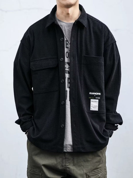 Autumn Waffle Long Sleeve Shirts For Men Applique Button Up Casual Cargo Shirt Solid Color Y2K Vintage Streetwear Pocket Blouse