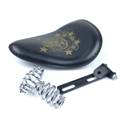 Assento Individual de Couro Retrô Marrom/Preto Caveira para Motocicleta + Suporte de Mola de 3" para Harley Custom Chopper Bobber Assento de Selim de Couro