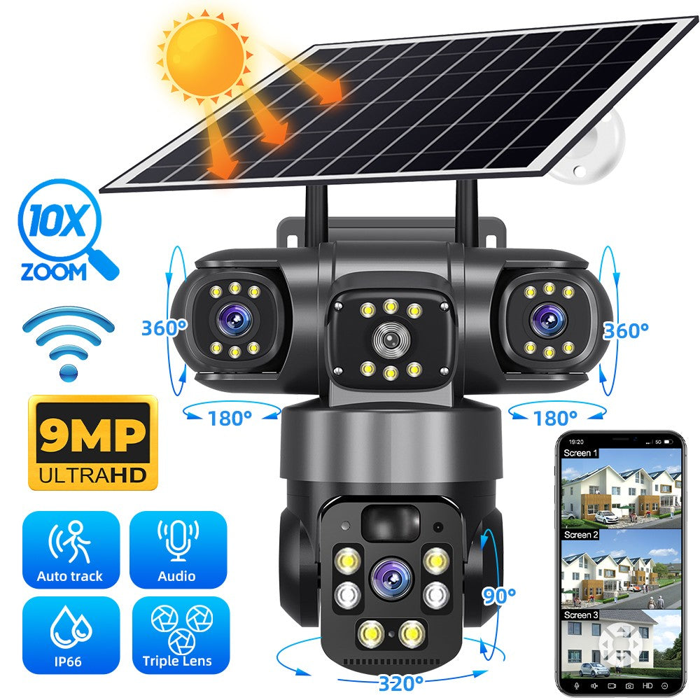 Câmera Solar WiFi Full HD 9MP 3 Telas 3 Lentes Zoom 10X Câmera com Detecção Humana PIR Vigilância Visão Noturna Proteção de Segurança