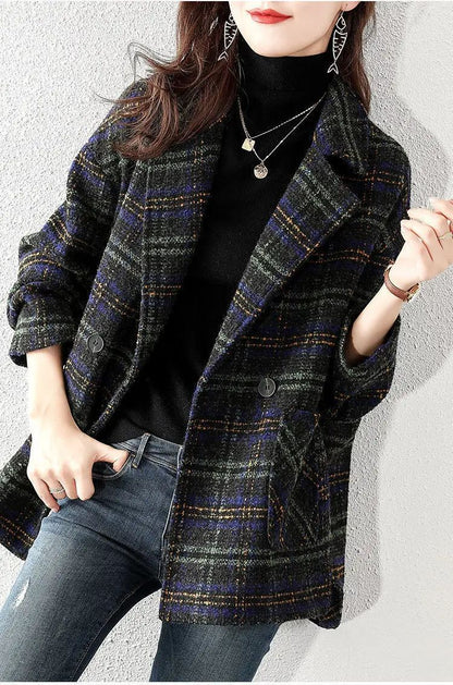 2024 New Style Women's Plaid Suit Woolen Jacket Loose Fit Vintage Checked Woolen Coat Medium Length Korean Version