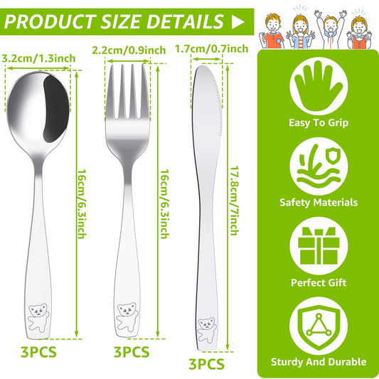 Conjunto de Talheres Infantis com 9/15 Peças em Aço Inoxidável 410, Garfo, Colher e Faca para Crianças, Conjunto de Talheres Divertidos de Dinossauro para Crianças e Bebês