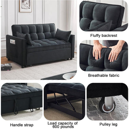 Sleeper Sofa Bed, 3-in-1 Velvet Pull Out Couch with Armrests, Storage Pockets and 2 Pillows, Adjustable Backrest, Sofa Bed Couch