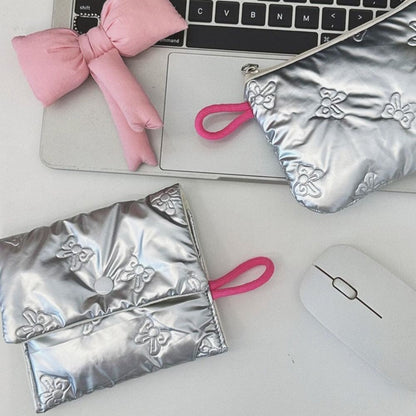 INS Style Silver Sanitary Mat Bag Zipper Button Change Purse Coins Keys Wallet Love Bow Credit Card Holder Cosmetics Napkin