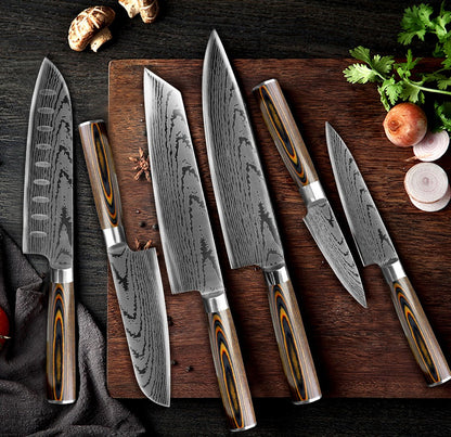 Conjunto de Facas de Cozinha 1-7PÇS Faca de Chef Japonesa Santoku 7CR17 Aço Inoxidável 440C Faca de Imitação de Damasco Cutelo de Carne Fatiador