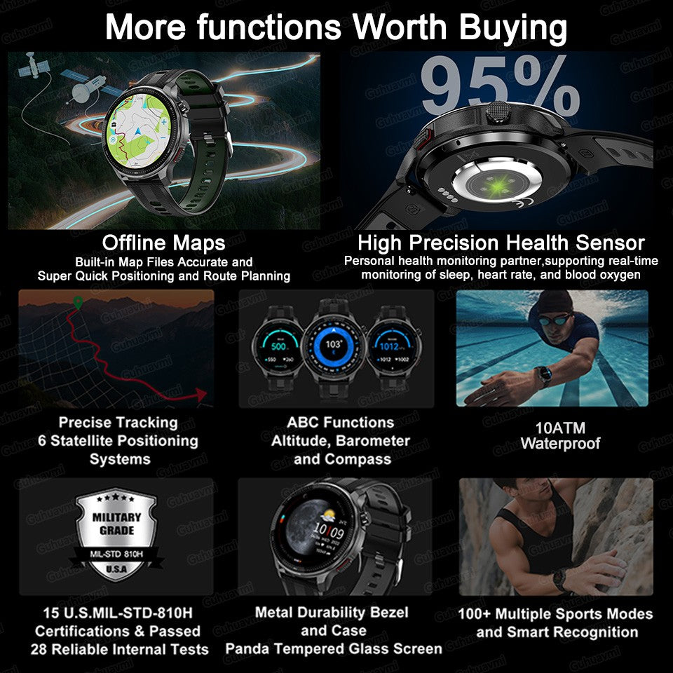 New Outdoors Military T-Rex3 Offline Map GPS SmartWatch 10ATM Waterproof Watch 4GB Memory Compass Voice Call Sports Bracelet Men